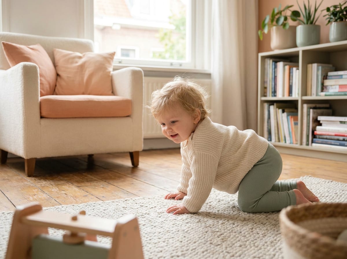 Baby kruipt op een kleed in een lichte woonkamer