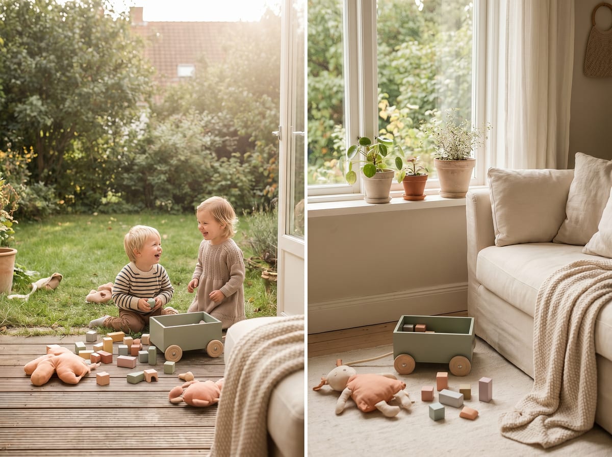 Peuters spelen met buitenspeelgoed in een zonnige tuin