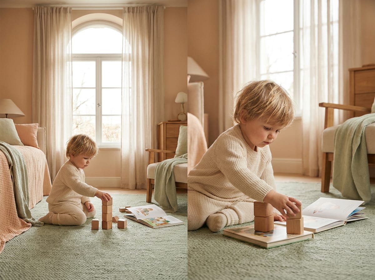 Nieuwsgierig kind ontdekt de wereld met blokken en prentenboeken