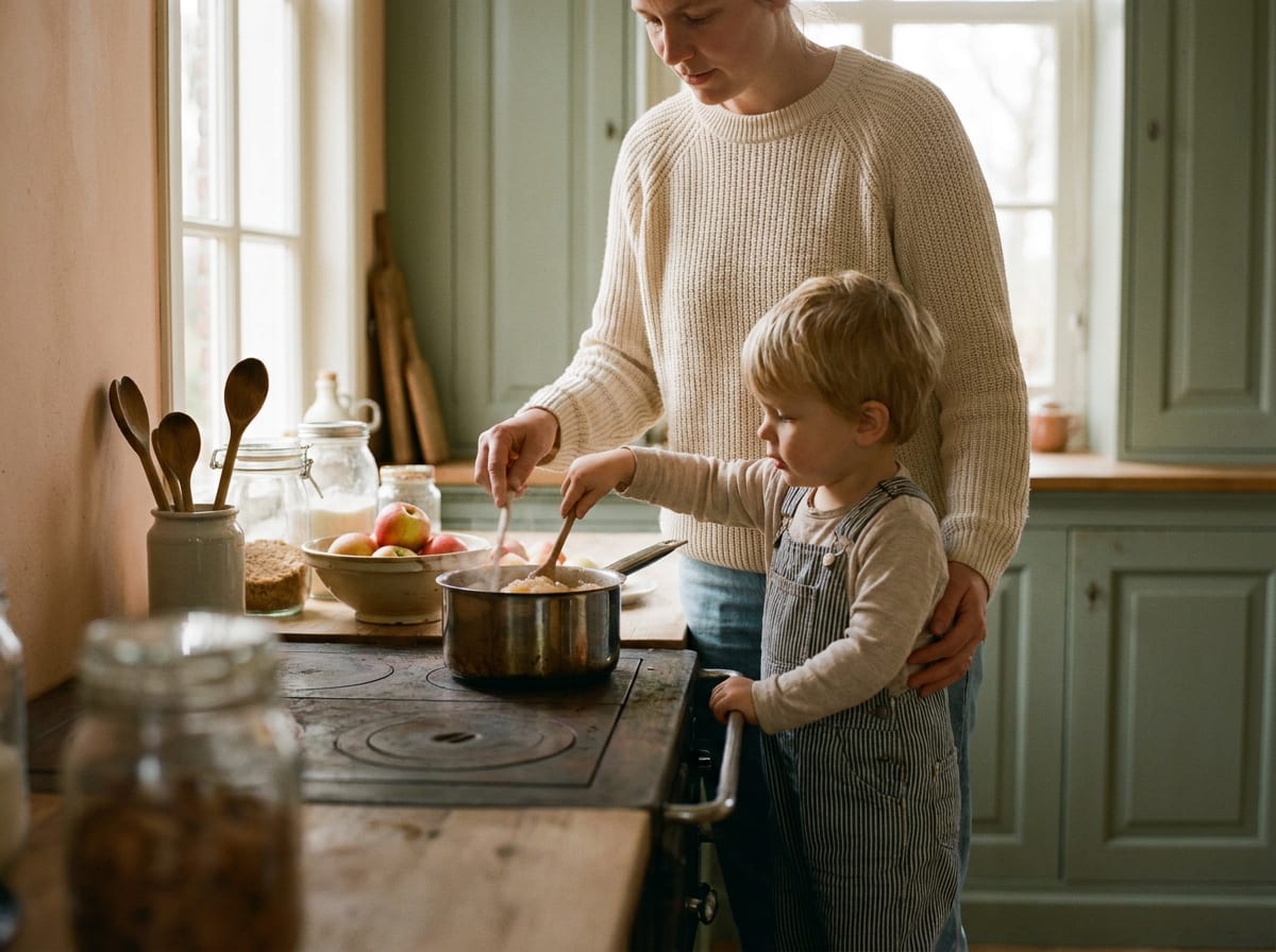 Kind helpt mee met appelmoes maken in de keuken
