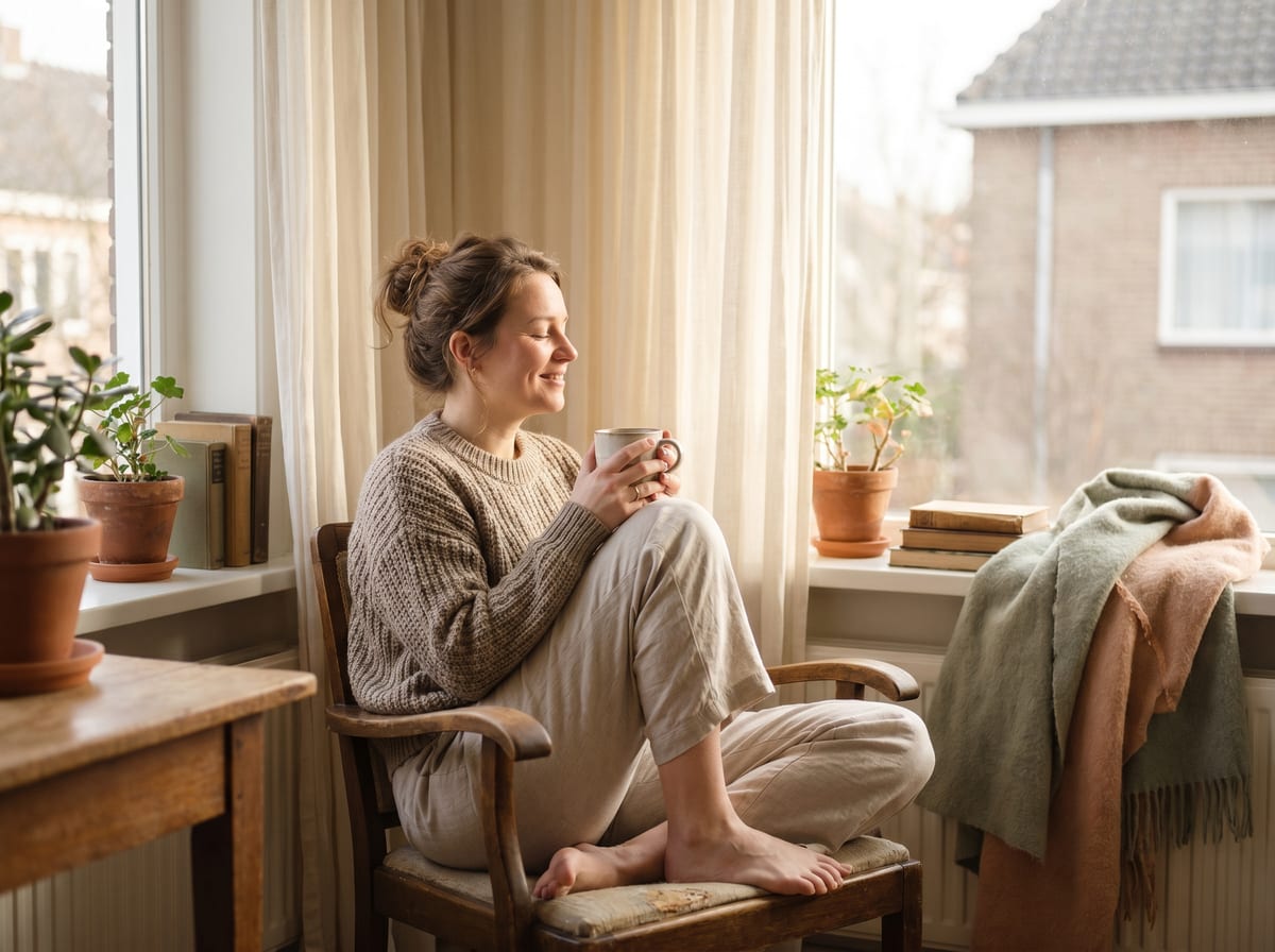 Moeder geniet van een rustig me-time moment met een kop thee bij het raam