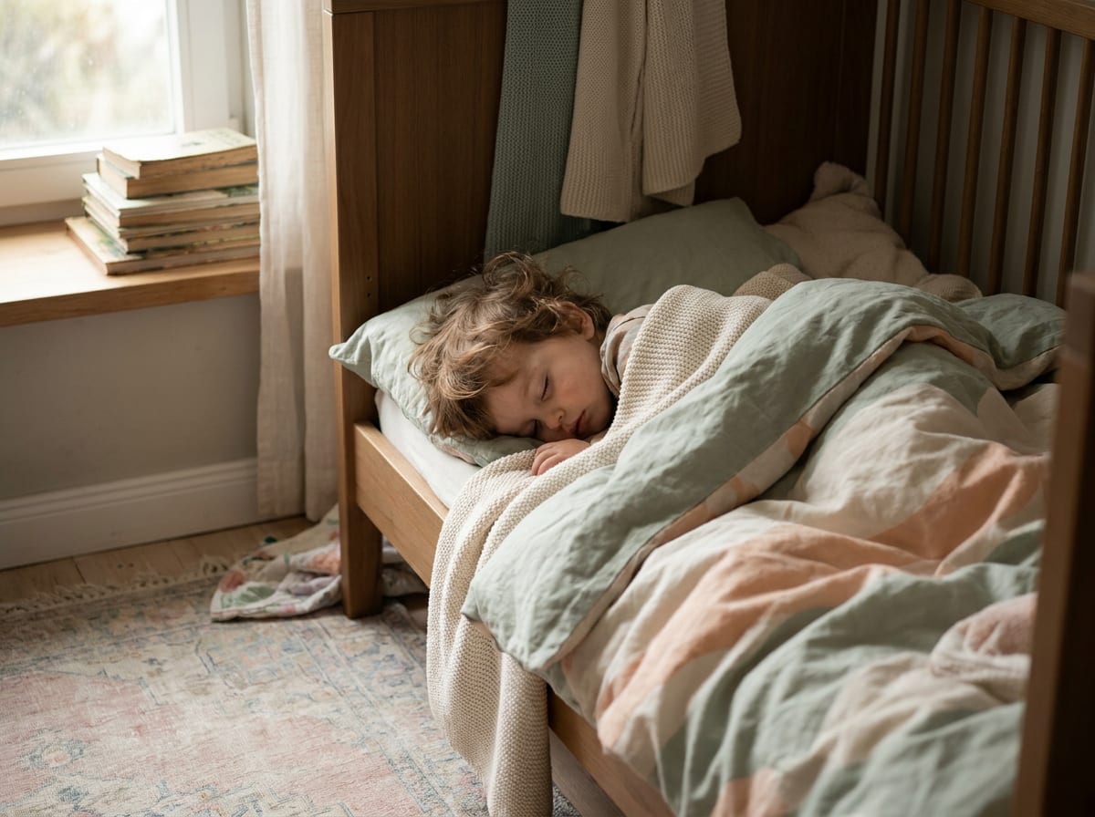 Peuter slaapt rustig in bed in een zacht ochtendlicht