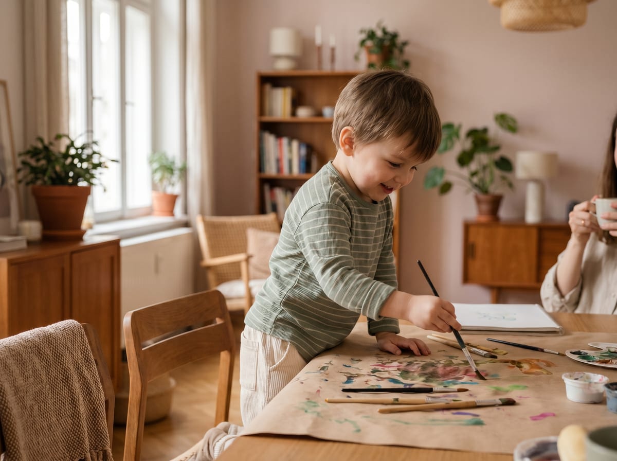 Kind knutselt creatief aan tafel thuis met papier en verf