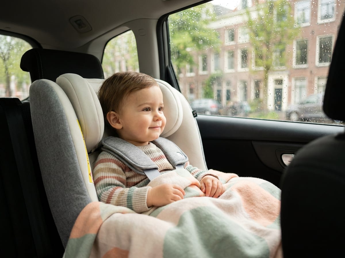 Peuter zit veilig vastgemaakt in een modern autostoeltje