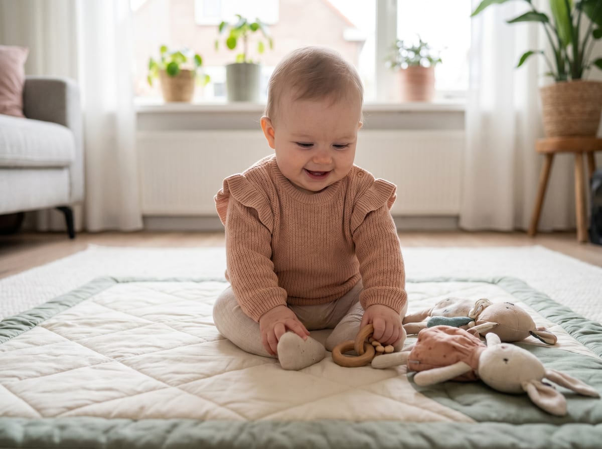 Baby zit rechtop op een speelkleed omringd door speelgoed